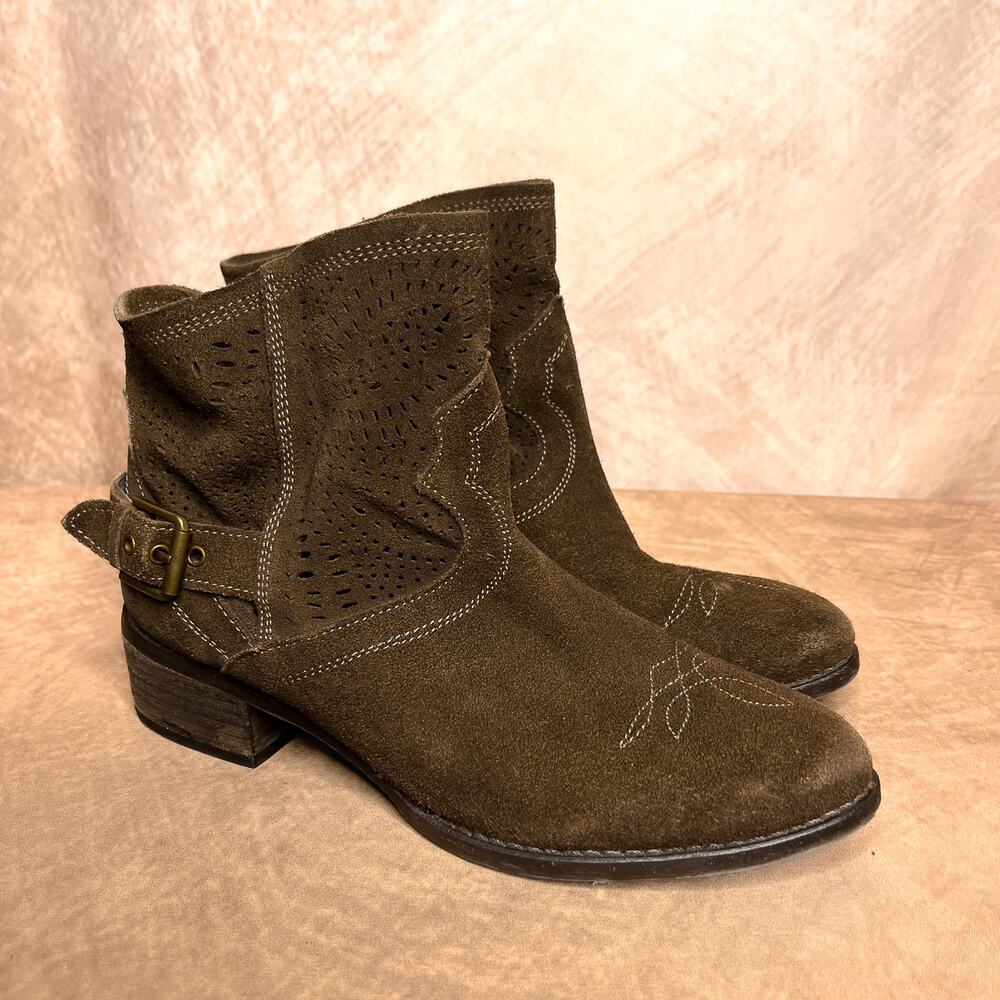 Naughty Monkey Suede Ankle Boots Embroidered Cut Out Brown Western Festival Boho